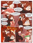 ailurid anthro bite bottomwear brown_hair butt clothed clothing comic digital_media_(artwork) domestic_cat duo emily_(paddedulf) english_text felid feline felis female fur hair hi_res humor mammal no_underwear open_mouth paddedulf red_panda simple_background smile text white_body white_fur