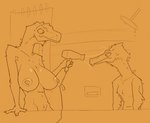 2024 3_fingers anthro barely_visible_genitalia barely_visible_pussy bathroom breasts detailed_background digital_media_(artwork) dinosaur dryer duo female fingers genitals hair_dryer hi_res inside jayda_(zagz) jude_(zagz) male monochrome nipples orange_monochrome ornithomimid prehistoric_species pussy reptile scalie shower shower_curtain standing theropod tyrannosaurid tyrannosauroid tyrannosaurus tyrannosaurus_rex zagz