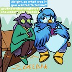 1:1 anthro avian bird canid canine chujin_ketsukane eating eyewear female fox glasses hair hi_res mammal martlet_(undertale_yellow) obese overweight overweight_female pants_only platform pregsnax(artist) purple_hair scared speech_bubble undertale_yellow