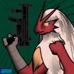 1:1 2007 ambiguous_gender anthro avian bird blaziken blue_eyes generation_3_pokemon gun heckler_and_koch holding_gun holding_object holding_ranged_weapon holding_weapon mp5 mp5k nintendo pokemon pokemon_(species) ranged_weapon red_body simple_background solo submachine_gun the_blue_pangolin weapon