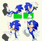 2024 ambiguous_gender anthro blue_body blue_fur blush clothing duo eulipotyphlan feet foot_on_face footwear fur gloves green_eyes handwear hedgehog hi_res human japanese_text male mammal musical_note musical_symbol quills_(anatomy) removing_sock sega shoppaaaa simple_background smile socks sonic_the_hedgehog sonic_the_hedgehog_(series) symbol teeth text translation_request white_clothing white_gloves white_handwear