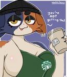 absurd_res anthro apron apron_only beanie beverage big_breasts breasts clothing coffee ear_piercing epic_games felid feline female fortnite hat headgear headwear hi_res i_mean_breast_milk mammal meme meow_skulls piercing solo tired vannillama