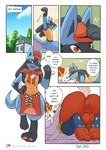 2023 anthro anus balls cinderace comic dialogue duo english_text generation_4_pokemon generation_8_pokemon genitals hi_res lucario male negy nintendo pokemon pokemon_(species) pokemon_cafe_remix speech_bubble text