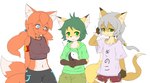 anthro armband blush bottomwear braided_hair breasts canid canine chest_tuft clothing collar concon-collector dawnlight_fox_gekka female fox gosounokitsune_sonhaku group gyoukounokitsune_sousou hair hoodie japanese_text kakuteki11029 male mammal midriff multi_tail pants ponytail shirt shorts simple_background tail tank_top text topwear translated tuft white_background yin_yang young young_anthro