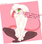 2018 absurd_res anthro blush breasts clothing crossed_legs crossgender dialogue english_text eyelashes female fur green_eyes hair heart_symbol hi_res inviting legwear looking_at_viewer mammal mostly_nude mouse murid murine navel nipples open_mouth open_smile reggie_(whygena) rodent sitting small_breasts smile solo stockings text thigh_highs white_body white_fur white_hair whygena