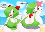 2024 3barts 4_fingers absurd_res accessory beach big_breasts bikini blue_sky blush bow_ribbon breasts cleavage clothed clothing collar curvy_figure detailed_background dialogue digital_drawing_(artwork) digital_media_(artwork) duo english_text eyelashes eyes_closed female fingers gardevoir generation_3_pokemon green_bikini green_clothing green_hair green_one-piece_swimsuit green_swimwear hair hair_accessory hair_bow hair_over_eye hair_ribbon hi_res huge_breasts huge_hips huge_thighs humanoid kirlia mary_(3barts) motion_lines nintendo one-piece_swimsuit open_mouth open_smile outside pokemon pokemon_(species) red_eyes ribbons sea seaside short_hair sky smile spiked_collar spikes swimwear text thick_thighs two-piece_swimsuit vanessa_(3barts) voluptuous water white_body white_skin wide_hipped_female wide_hipped_humanoid wide_hips