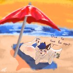 1:1 anthro arctic_fox beach beach_towel beach_umbrella black_body black_ears black_fur black_pawpads blue_eyes blue_hair blue_tongue blush body_blush butt butt_blush canid canine eyebrows facial_tuft fox fur grey_body grey_fur hair hi_res holding_money holding_object inner_ear_fluff kenunsoy looking_at_viewer lying male mammal money nude on_front open_mouth parasol pawpads raised_eyebrow sand sea signature snowy_(snowydafoxx) solo spanish_text sunset tail talking_to_viewer teeth text tongue towel translated true_fox tuft water white_body white_fur