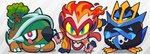 ambiguous_gender anthro avian elemental_creature empoleon feral fire flora_fauna gashi-gashi generation_4_pokemon group hi_res infernape mammal nintendo plant pokemon pokemon_(species) primate smile starter_trio toony torterra trio