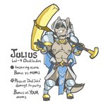 2017 anthro armor beard belt bottomwear canid canine canis clothing english_text facial_hair fur gauntlets gloves greaves grey_body grey_fur hammer handwear jinti julius_(jinti) loincloth male mammal maul muscular nipples pauldron shoulder_guards sideburns smile solo teeth text tools weapon_on_shoulder wolf