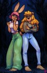 absurd_res anthro barefoot bear bottomwear breasts buckteeth claws clothing denim denim_bottomwear denim_clothing duo feet female forest hi_res ishi jeans krista_blonde lagomorph leporid looking_at_viewer mammal night pants phat_pants plant rabbit teeth thick_thighs toe_claws toes tree wide_hips