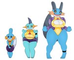 absurd_res anthro armwear big_breasts black_eyes blue_body bottomwear breasts clothing female generation_3_pokemon group hi_res huge_breasts jacket legwear marshtomp mudkip nintendo pokeball pokemon pokemon_(species) shirt shorts simple_background swampert swimwear tail topwear trio urusee584 white_background