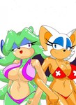 anthro archie_comics bat big_breasts bikini breasts breezie_the_hedgehog breezie_the_hedgehog_(archie) clothed clothing colored duo eulipotyphlan female hair hedgehog hi_res lifeguard mammal membrane_(anatomy) membranous_wings rouge_the_bat sega simple_background sonic_the_hedgehog_(archie) sonic_the_hedgehog_(comics) sonic_the_hedgehog_(series) superbunnygt swimwear two-piece_swimsuit wings