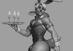 2024 anthro antlers beverage biped black_and_white boosterpang boosterpang_(character) bulge bunny_costume clothed clothing costume deer ears_down fake_ears fake_rabbit_ears glass hair holding_tray horn male mammal monochrome muscular muscular_male necktie pivoted_ears short_hair simple_background skimpy solo standing tail