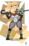 absurd_res anthro armwear blonde_hair boots breasts brown_body camel_toe canid canine cleavage clothed clothing detached_sleeves eyes_closed fangs female footwear fox ghostinhood gloves gun hair hand_on_hip handwear hi_res idw_publishing knee_pads leotard long_hair mammal ponytail ranged_weapon sega shoes solo sonic_the_hedgehog_(comics) sonic_the_hedgehog_(idw) sonic_the_hedgehog_(series) tail teeth thick_thighs weapon whisper_the_wolf wide_hips