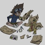 1:1 agumon anthro arts_and_crafts bandai_namco brown_hair cardboard cardboard_armor cardboard_weapon claw_(weapon) claws cosplay digimon digimon_(species) duo eyewear goggles green_eyes hair human male mammal melee_weapon papercraft rt1535 scissors sitting size_difference taichi_kamiya wargreymon weapon yellow_body young