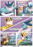 absurd_res ambiguous_gender blush book digital-novarts eeveelution english_text feral generation_1_pokemon hi_res jolteon nintendo pokemon pokemon_(species) surprise text vaporeon