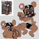 1:1 absurd_res anthro bear bear_nuts bound brown_body brown_fur chaps cuff_(restraint) fur gimp_bear gimp_mask handcuffs hands_tied hi_res legs_up lying male mammal mask metal_cuffs multiple_poses on_back pawfunk_(artist) pose restraints riding_crop solo tongue tongue_out whip