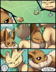 2018 backsack balls base_three_layout blockage_(layout) brown_balls brown_body brown_eyes brown_fur chibi comic dialogue duo eevee eeveelution english_text fangs feral fight five_frame_image fur generation_1_pokemon generation_4_pokemon genitals half-closed_eyes headbutt hi_res horizontal_blockage kuroodod leafeon male male/male narrowed_eyes nintendo one_eye_closed open_mouth oversexed_eeveelutions pokemon pokemon_(species) sam_(kuroodod) speech_bubble teeth text three_row_layout tongue wrath_(kuroodod) yellow_eyes