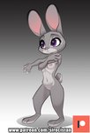 3_toes 4_fingers anthro breasts disney featureless_crotch feet female fingers fur grey_body grey_fur hi_res judy_hopps lagomorph leporid mammal navel nipples nude patreon patreon_logo purple_eyes rabbit siroc solo standing stretching text toes url zootopia