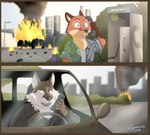 2023 alternate_species anthro artist_name building canid canine canis car cellphone clothed clothing digital_media_(artwork) disney duo electronics explosion fire fox hi_res inside_car male mammal motor_vehicle nick_wilde payphone phone plant shrub speed_(film) vehicle wolf xxsparcoxx zootopia