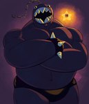 anthro backlighting black_bottomwear black_clothing black_underwear bottomwear bracelet chain chain_chomp clothing crossed_arms grey_body hi_res jasperthecrab jewelry light lighting male mario_bros muscular muscular_male nintendo open_mouth sharp_teeth solo spiked_bracelet spikes star teeth underwear