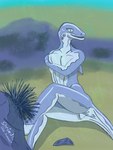 3:4 anal_fin anthro anus big_breasts breasts cleavage clothed clothing correa dorsal_fin echinoderm echinozoan female fin fish genitals gills hi_res marine muscular muscular_female nude pussy rock sand sea_urchin shallow_water shark shriadistic solo underwater water