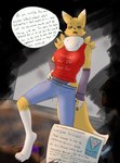 absurd_res alpha_channel anthro athletic_wear bandai_namco big_breasts black_sclera blue_eyes breasts canid canine clothed clothing digimon digimon_(species) digital_media_(artwork) english_text fan_character female foxylilshrink fur gym hi_res humanoid looking_at_viewer mammal meme no_nut_november renamon simple_background solo tail text tuft white_body yellow_body