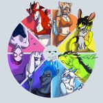 aleks_pakaralex anthro blue_body breasts canid canine canis clothed clothing digital_media_(artwork) female feral fur green_body group hair hi_res human male mammal marvel orange_body pink_body red_body simple_background smile spider-man_(series) tail yellow_body