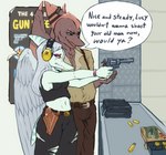 anthro bottomwear bullet bullet_casing cavemanon_studios clothed clothing daughter_(lore) duo english_text eye_scar facial_scar fang_(gvh) father_(lore) father_and_child_(lore) father_and_daughter_(lore) female goodbye_volcano_high gun hair handgun hi_res holster kaprakaz long_hair makeup male navel pants parent_(lore) parent_and_child_(lore) parent_and_daughter_(lore) prehistoric_species pterodactylus pterosaur ranged_weapon reptile revolver ripley_(snoot_game) scalie scar shooting_range silver_hair snoot_game speech_bubble suspenders text torn_bottomwear torn_clothing torn_pants weapon wings