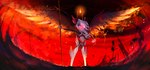 2024 absurd_res angel august_(month) badass_woman big_wings clothing darkxpazz eyebrows female fire glowing glowing_eyes hair hazbin_hotel hi_res horn ruins solo vaggie_(hazbin_hotel) watermark wings