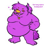 1:1 2024 anthro beffica_winklesnoot big_breasts breasts bugsnax colored digital_drawing_(artwork) digital_media_(artwork) english_text featureless_breasts female full-length_portrait fur grumpus hair hi_res overweight overweight_anthro overweight_female ponytail portrait pregsnax(artist) purple_body purple_fur solo text young_horses