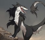 2023 anthro black_body black_fur digital_media_(artwork) female fur multicolored_body multicolored_fur nude open_mouth raised_tail rotarr sergal sharp_teeth solo tail teeth tongue tongue_out two_tone_body two_tone_fur white_body white_fur