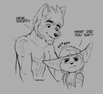 anthro artist_name beard biped black_and_white bodily_fluids canid canine canis clothing dialogue duo english_text facial_hair fur grey_background hair headgear headpat headwear height_teasing lombax looking_up male male_anthro mammal monochrome petting ratchet_(ratchet_and_clank) ratchet_and_clank simple_background size_difference sony_corporation sony_interactive_entertainment straps straps_across_chest striped_arms striped_body striped_ears striped_fur stripes sweat sweatdrop teeth text tobbywolf wolf yan_wind_(freakwolf)