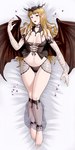 absurd_res arm_tattoo bed big_breasts blonde_hair blush bracelet breasts brown_eyes brown_wings castlevania clothing corset crown dakimakura dakimakura_design demon demon_humanoid female furniture grey_clothing grey_corset grey_panties grey_underwear hair headgear hi_res humanoid humanoid_pointy_ears jewelry konami lingerie long_hair looking_at_viewer lying membrane_(anatomy) membranous_wings nails navel on_back on_bed open_mouth open_smile panties petals saisaigarou sharp_nails smile solo succubus tan_body tan_skin tattoo thick_thighs thigh_gap tiara topwear underwear wide_hips winged_humanoid wings