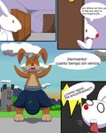 anthro benito_(kuge) big_bulge brown_body bulge comic detailed_bulge door duo hi_res huge_bulge knocking kuge lagomorph leporid male mammal rabbit red_nose shocked spanish_text text translated white_body