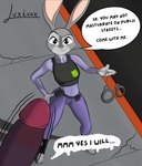 3_toes 4_fingers absurd_res anthro clothed clothing cuff_(restraint) disney duo english_text eyebrows feet female fingers fur genitals grey_body grey_fur grey_nose hi_res humanoid_genitalia humanoid_penis judy_hopps lagomorph leporid luxivox male mammal mostly_offscreen_character outside penis purple_penis rabbit raised_eyebrow restraints signature smile text toes zootopia