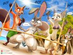 accident accidental_exposure anthro bikini breasts canid canine canis clothed clothing colored_edge_bikini disney fan_character female flat_chested fox genitals group hi_res jack_savage judy_hopps lagomorph leporid limbo link6432 male mammal nick_wilde nipples nude pussy rabbit red_fox seaside skye_(zootopia) swimming_trunks swimwear text thick_thighs topless true_fox two-piece_swimsuit under_boob wardrobe_malfunction zootopia