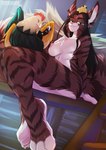 2022 4_toes 5_fingers anthro areola black_hair breasts digital_media_(artwork) eyebrows eyelashes feet felid feline female fingers green_eyes group hair hi_res mammal nipples nude omesore remmmy smile toes trio