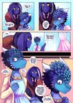 2019 anonymous_artist anthro biped blue_body blue_scales clothed clothing collar colored comic dialogue dialogue_box dress duo english_text faodai_(fragile_findings) female hair horn kobold male pink_clothing pink_dress purple_body purple_eyes purple_hair red_eyes scales scalie shirt speech_bubble text thought_bubble topwear unknown_species white_clothing white_shirt white_topwear yellow_sclera zuka_(fragile_findings)