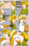 anthro bed bedroom black_nose blonde_hair blue_eyes blush breasts brother_(lore) canid canine clothed clothing comic dialogue duo english_text eyes_closed female firecat fox fur furniture gloves_(marking) green_eyes hair hi_res incest_(lore) kissing kit_(kitsune_youkai) kitsune_youkai male mammal markings nipples orange_body orange_fur red_blush red_fox sibling_(lore) sister_(lore) small_breasts tail text topless true_fox