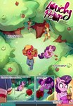 anthro apple apple_bloom_(mlp) apple_tree applejack_(mlp) big_macintosh_(mlp) blonde_hair chilllum clothed clothing comic earth_pony english_text equid equine eye_roll female food friendship_is_magic fruit fruit_tree gloves green_eyes group hair handwear hasbro hat headgear headwear hi_res horn horse male mammal my_little_pony mythological_creature mythological_equine mythology pear pink_body plant pony purple_eyes purple_hair red_body smile spirale sugar_belle_(mlp) text tomiku tree unicorn