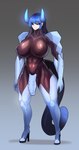 2024 2_horns absurd_res animal_humanoid balls big_breasts black_body black_hair black_sclera blue_body blue_eyes blue_hair blue_horn breasts clothing crossgender dragon dragon_humanoid drone featureless_breasts footwear ftg_crossgender fti_crossgender genitals glistening glistening_body gradient_background gynomorph hair hi_res high_heels horn humanoid intersex long_hair looking_at_viewer machine multicolored_body multicolored_hair mythological_creature mythological_scalie mythology omega_processor penis robot scalie shoes simple_background solo squel standing tail thick_thighs two_tone_body two_tone_hair