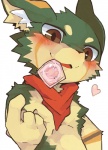 anthro beckoning blush canid canine condom condom_in_mouth fur gesture heart_symbol inviting izuna_(shin.) kemono looking_at_viewer male mammal mouth_hold object_in_mouth scarf sexual_barrier_device shin. simple_background smile solo white_background