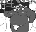 12beat13 2024 anthro asian_clothing bear beard belly big_belly bodily_fluids bulge clothing east_asian_clothing facial_hair fundoshi group japanese_clothing kemono male mammal monochrome moobs navel nipples overweight overweight_male solo_focus sweat underwear