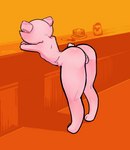 absurd_res anthro bear bent_over big_butt black_nose blush breasts butt butt_focus countertop embarrassed facial_tuft female fur genitals hi_res hidden_face honeydew_shopkeeper kirbugo mammal nipples nude pear-shaped_figure pink_body pussy small_breasts solo thick_thighs thin_arms thin_calves tuft undertale undertale_(series) undertale_yellow ursine wide_hips