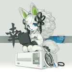 1:1 absurd_res anthro cable canid canine chinese_text cjk_character clothing computer electronics english_text female female_anthro fox hi_res laptop magnetic_tape mammal sachi_the_spirit_fox simple_background solo tape_reel text tysontan white_body