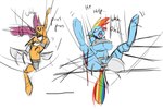 anthro arachnid arthropod arthropod_webbing blue_body blue_fur bottomwear bottomwear_down bound breasts breath clothed clothing feathered_wings feathers female feral friendship_is_magic fur hair hasbro hooves josycid mane moan multicolored_hair multicolored_tail my_little_pony nipples orange_body orange_feathers orange_fur panting pants pants_down partially_clothed purple_mane purple_tail rainbow_dash_(mlp) rainbow_hair rainbow_tail scootaloo_(mlp) sketch spider tail under_boob web_bondage wings