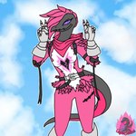 1:1 angelasalazzle anthro cosplay crossover crossover_cosplay cuddly_(fortnite) double_v_sign epic_games female fortnite generation_7_pokemon gesture hand_gesture hi_res looking_at_viewer nintendo pinup pokemon pokemon_(species) pose raven_team_leader reptile salazzle scalie sky smile solo v_sign