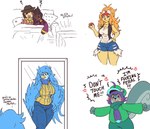 aged_up anthro avian big_breasts bird breasts canid canine ceroba_ketsukane clothing clover_(undertale_yellow) cosplay crossover crossover_cosplay dialogue duo english_text female fox hair hilda_(pokemon) huge_breasts human human_on_anthro interspecies kanako_ketsukane long_hair looking_at_mirror looking_at_object male male/female mammal martlet_(undertale_yellow) mature_female mirror mooch_(undertale_yellow) nintendo pokeball pokemon rodent sciurid signirsol sleeping sweater text thick_thighs topwear tree_squirrel undertale_(series) undertale_yellow wide_hips