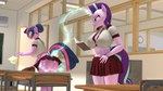 16:9 3d_(artwork) anthro anthrofied anthroponiessfm big_butt blush book bottomwear butt butt_growth classroom classroom_desk clothing desk digital_media_(artwork) duo equid equine female friendship_is_magic furniture hair hair_bun hasbro hi_res horn magic mammal miniskirt my_little_pony mythological_creature mythological_equine mythology panties school school_uniform shirt skirt starlight_glimmer_(mlp) table topwear twilight_sparkle_(mlp) underwear unicorn uniform widescreen